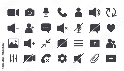 Icon Videocall. UI interface video chat. Set of buttons for online business webinar. Communication symbols. Flat Vector illustration.