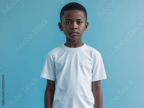 Boy wear white t shirt mock up standing on blue background