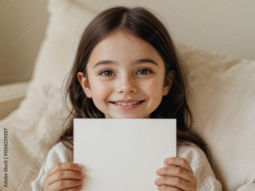Smiling girl holding blank white card at home. Smiling girl holding blank white card at home.