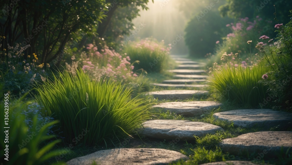 Obraz premium Stone pathway with grass growing in between, highlighting the beauty of a botanical garden.