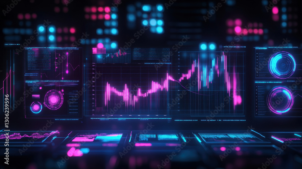 A glowing neon stock market graph with blue and purple lights on a dark background A glowing neon stock market graph with blue and purple lights on a dark background