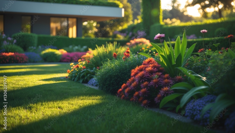 Obraz premium Vibrant landscaping and flowers adorning lush green lawns in the front yard of a modern home, which features professional garden maintenance.