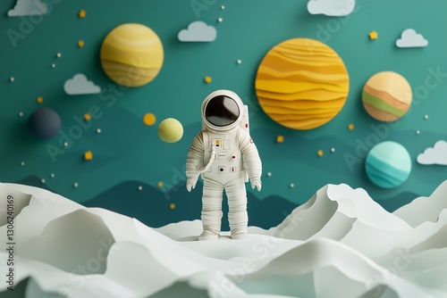 Colorful paper art style space scene with astronaut and planets