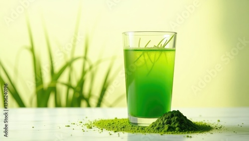 Freshly cultivated young barley grass and powdered green barley are mixed into a glass of barley grass juice.