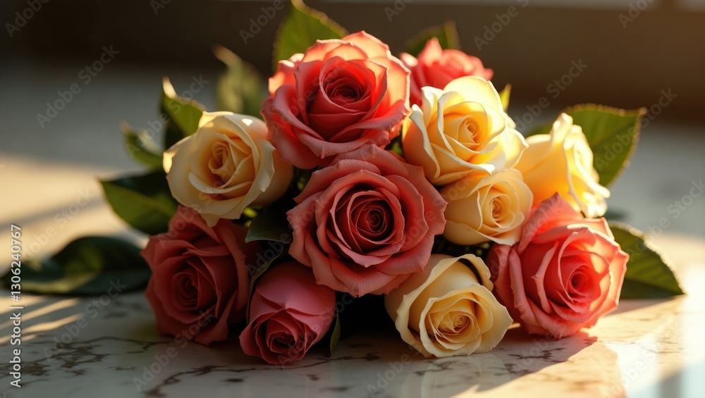 Classic roses arranged on marble surface