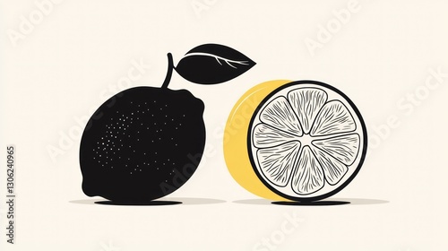 Lemon fruit whole and half illustration, simple design, food graphic photo