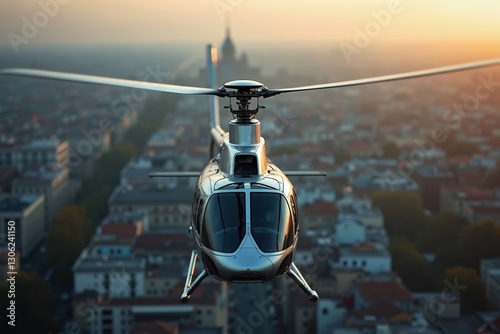 An Aerial View of a Helicopter Flying Over a City - Generative AI
