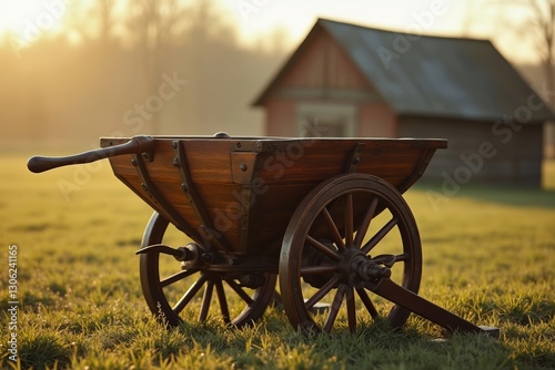 Wallpaper Mural A Wooden Wheelbarrow Sitting in a Field With a Barn in the Background - Generative AI Torontodigital.ca