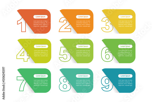 business concept with 9 steps,  rectangle shape and multicolor label ,design for workflow layout, diagram, annual report, web design. vector