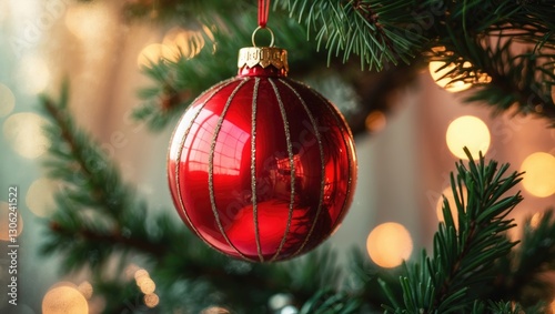 Detailed view of a red ornament hanging from a holiday tree. Retroactive filtering