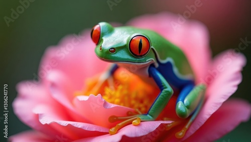 Detailed view of a red-eyed tree frog perched on a rose flower.