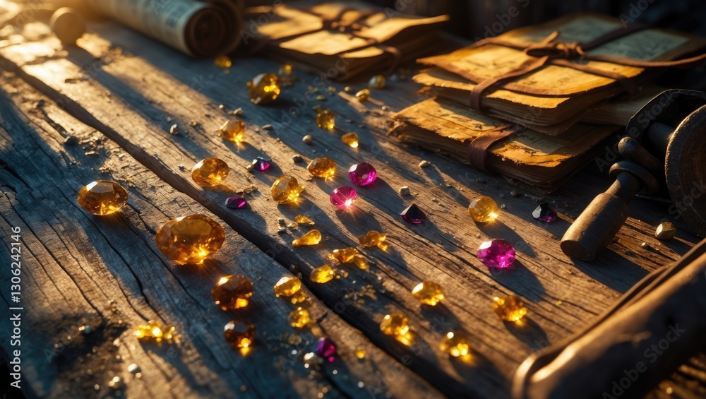 Naklejka premium Gemstone Exploration. Discovering gems and gold on a weathered wooden table.