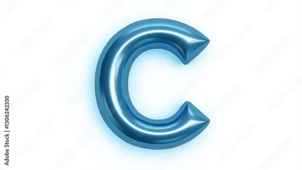 A neon metallic lowercase letter C with a shiny finish is displayed against a white background. A neon metallic lowercase letter C with a shiny finish is displayed against a white background.