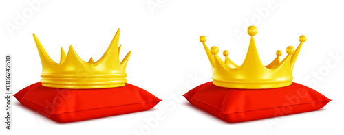 3d crown models on red pillows. Two golden royal headwear designs - pointed spike and sphere tipped style. Glossy monarchy symbols for game graphics, awards ceremonies or medieval themed events.