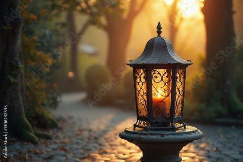A Lit Candle Sitting on Top of a Lantern in the Middle of a Park - Generative AI