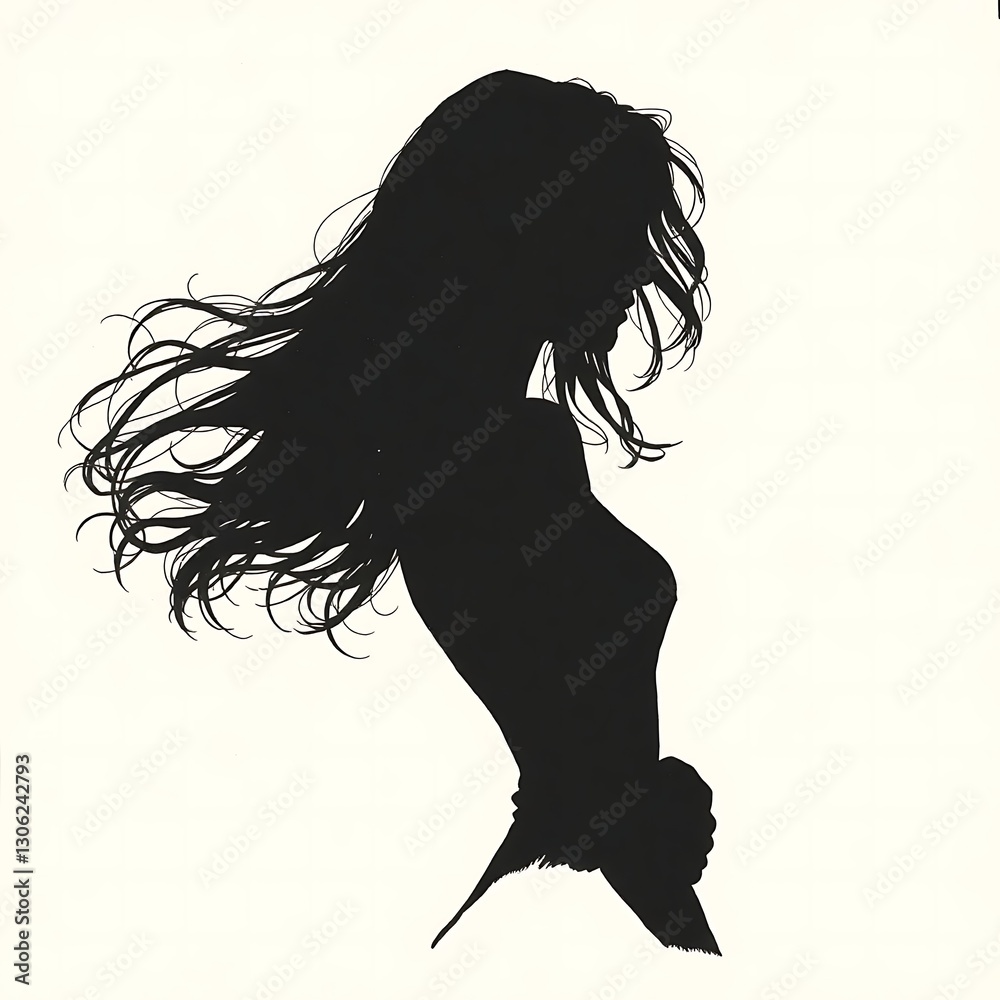 Graceful Silhouette of a Woman with Flowing Hair in Black Ink Cross-Hatching Art
