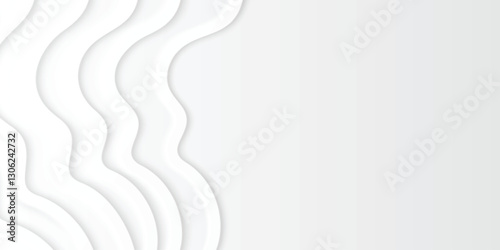 Neumorphism background with smooth white wavy layers and shadow effect. Clean minimal border design with soft flowing curves. Modern interface frame template for website or presentation design.