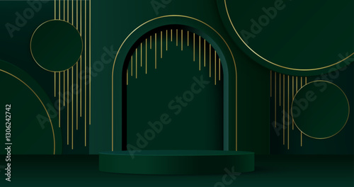 Green luxury abstract podium with elegant gold linear elements. Emerald circular and arch shapes frame doorway with hanging metallic lines. Minimalist platform design for product display, presentation