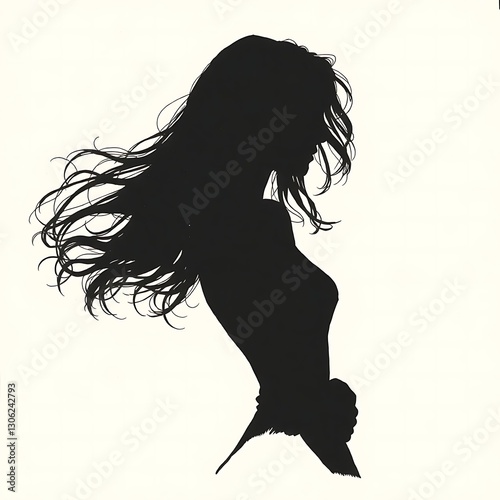 Obraz na płótnie Graceful Silhouette of a Woman with Flowing Hair in Black Ink Cross-Hatching Art w salonie