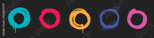 Spray paint circles in vibrant neon colors on black background. Distinct ring shapes with bright tones, drips and splatters, particle effects. Urban graffiti elements for street art graphic design.