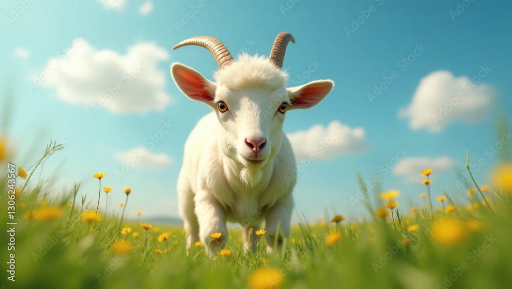 Obraz premium Playful goat exploring a vibrant green meadow. Portrait of a humorous farm animal on a sunny summer day.