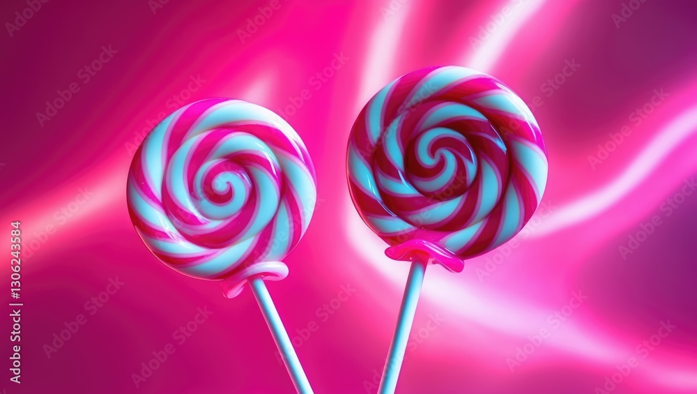 Pair of delightful pink and white spiral lollipops on sticks set against a vivid pink backdrop. Pair of delightful pink and white spiral lollipops on sticks set against a vivid pink backdrop.