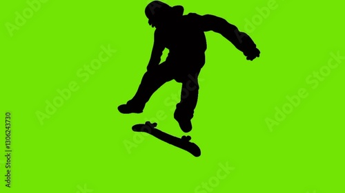 silhouette animation of skateboarder riding skate green background