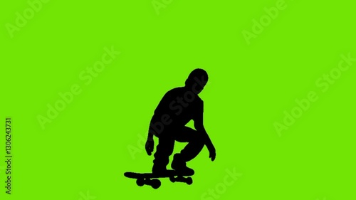 silhouette animation of skateboarder riding skate green background
