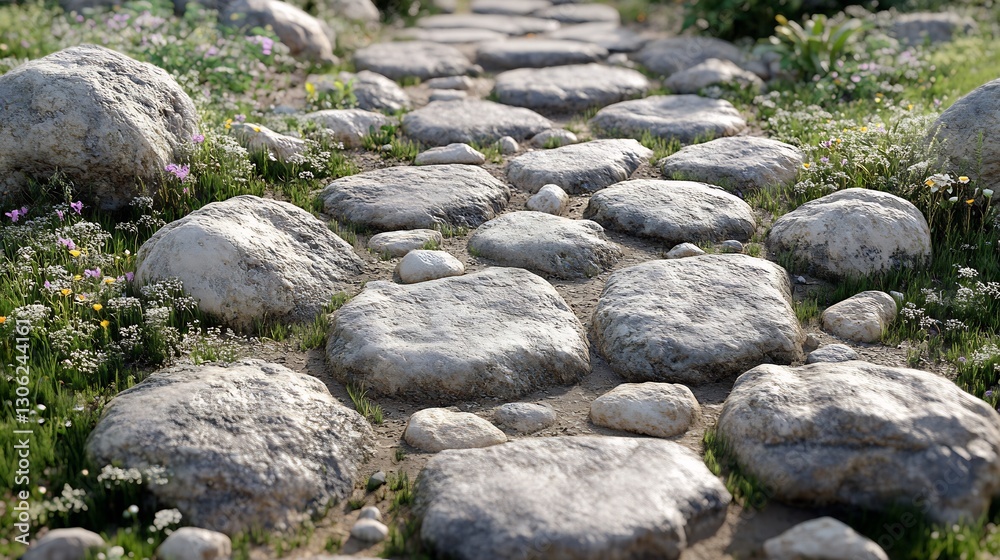Rustic stone path gently winds through vibrant wildflowers bathed in soft sunlight. AI Generated Rustic stone path gently winds through vibrant wildflowers bathed in soft sunlight. AI Generated