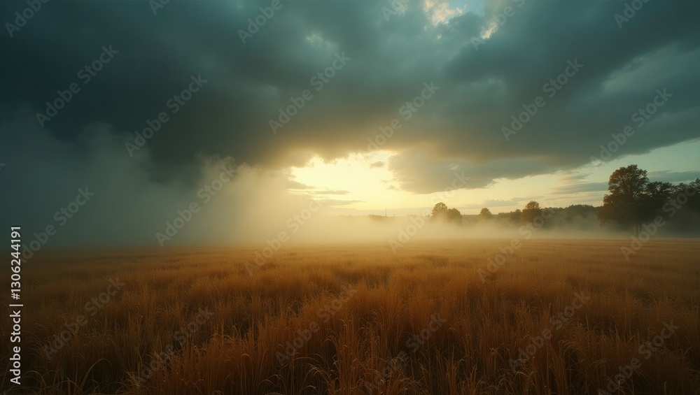 Mysterious atmosphere, the somber mood of late autumn, a landscape of ripe crops amidst wild grass, overcast skies with fog and impending storms.