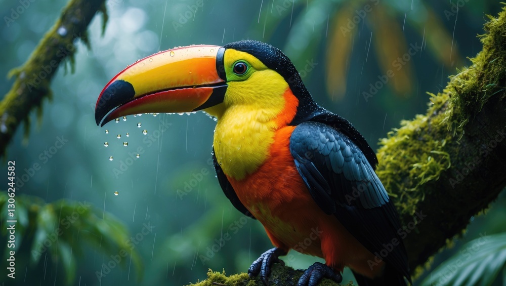 Fototapeta premium Close-up of a toucan. Stunning bird with a large beak, the chestnut-mandibled variety perched on a branch amid tropical rain and a lush green jungle in Costa Rica.