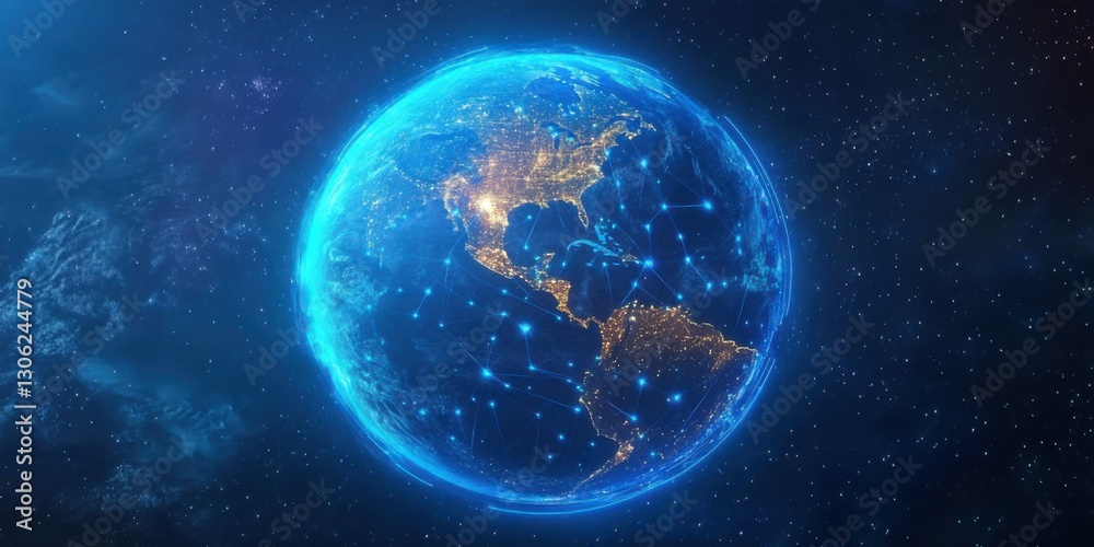 Obraz premium Global network connections illuminate Earth with vibrant blue lights in a dark space background at night