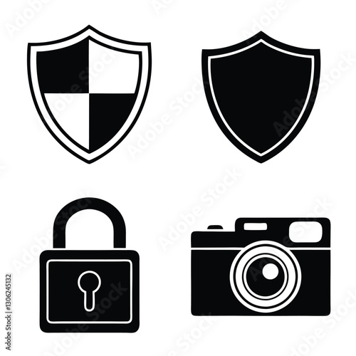 Black Silhouette Security Icons Lock, Shield, and Camera Set