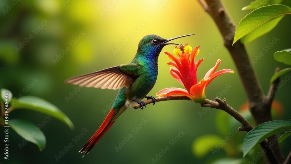 Fototapeta premium Unique Long-tailed Sylph hummingbird Aglaiocercus kingi displaying vibrant plumage while feeding on a red flower in its natural habitat.
