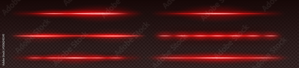 Red neon laser beam set on transparent dark background. Horizontal glowing lines for gaming interfaces, sci fi modern digital design. Bright luminous rays with crimson hue for technology visualization