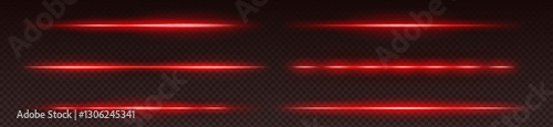 Red neon laser beam set on transparent dark background. Horizontal glowing lines for gaming interfaces, sci fi modern digital design. Bright luminous rays with crimson hue for technology visualization