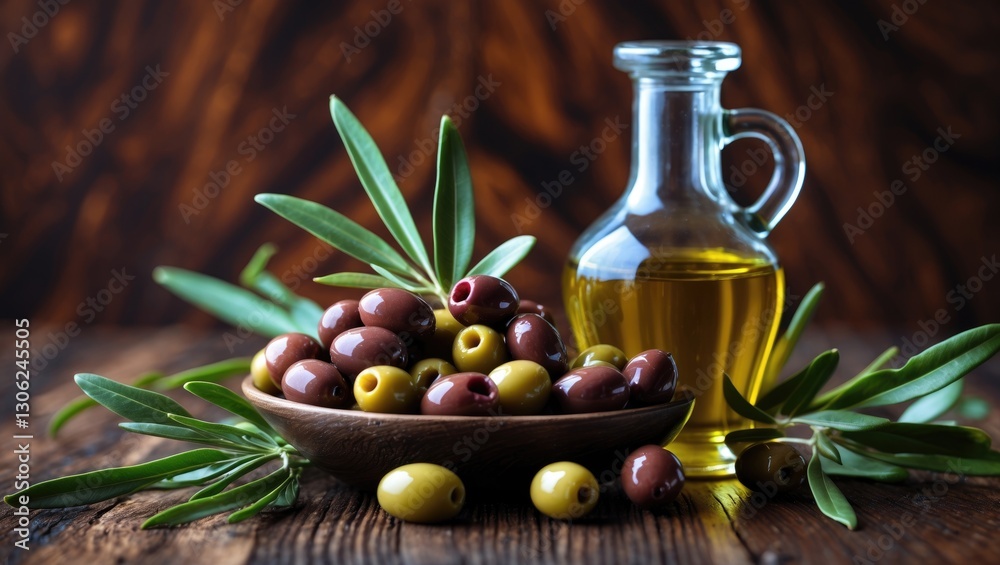 Appealing olives with olive leaves and high-quality olive oil set against a dark wooden background. Appealing olives with olive leaves and high-quality olive oil set against a dark wooden background.
