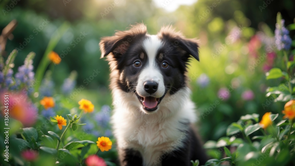 charming image of a joyful and healthy border collie puppy in a floral garden charming image of a joyful and healthy border collie puppy in a floral garden