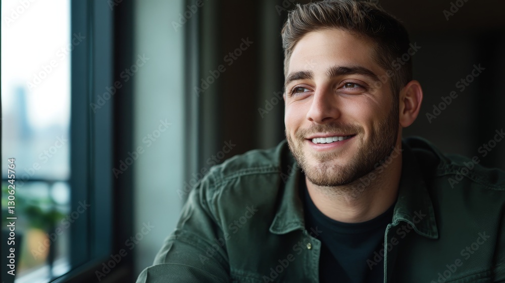 An attractive young man sits relaxed by the window, smiling softly while the serene atmosphere and gentle light enhance his thoughtful expression An attractive young man sits relaxed by the window, smiling softly while the serene atmosphere and gentle light enhance his thoughtful expression