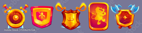 Cartoon medieval shield with crossed swords and axes set - wooden base with metallic frames and fleur-de-lis emblem, crown insignia, lion heraldry, twinkle label for fantasy games. Armor elements.
