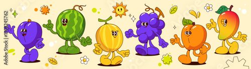 Groovy fruit cartoon characters with limbs - purple plum waving, green watermelon with horns gesture, yellow melon and grape bunch walking, smiling apricot and mango. Retro mascot with expressive face