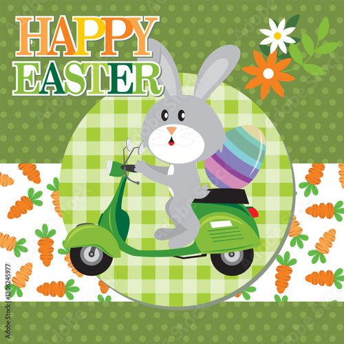 Happy Easter card with bunny and egg on scooter
