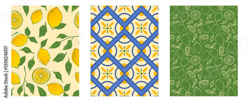 Amalfi Mediterranean coast pattern - bright yellow lemons with green leaves on beige background, traditional blue lattice tile with floral motifs, outline citrus illustrations on emerald surface.