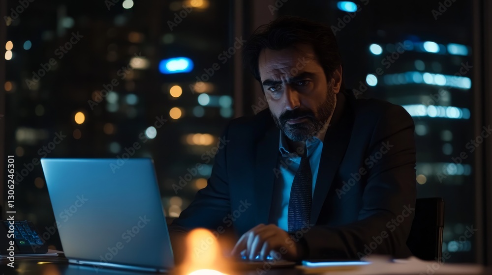 An Indian businessman engages in work at a sleek desk late at night, his laptop open and warm ambient lighting accentuating his sharp suit and concentrated expression An Indian businessman engages in work at a sleek desk late at night, his laptop open and warm ambient lighting accentuating his sharp suit and concentrated expression