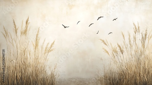 Serene Landscape with Flying Birds, A serene landscape featuring tall grass and a soft, muted background