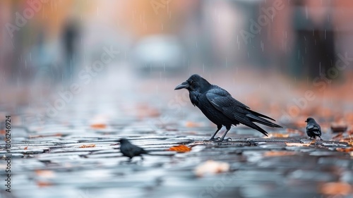 Two crows playfully tussle on a cobblestone street, their feathers ruffled.