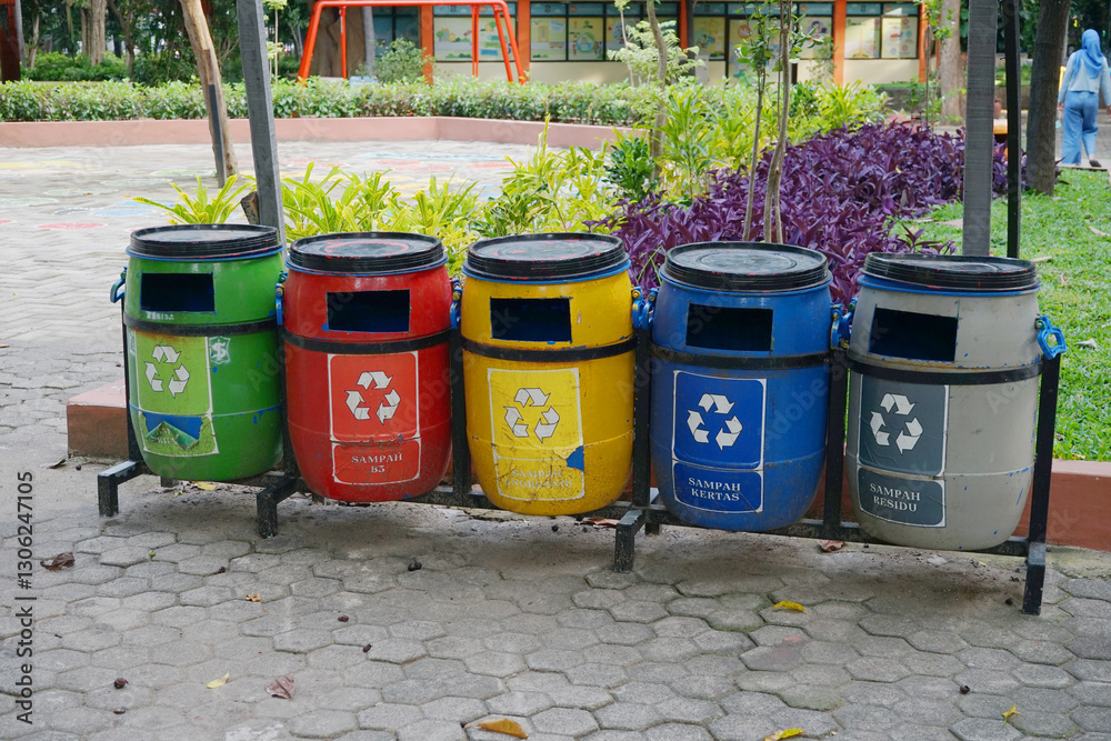 Closeup Colorful Recycling Bins in a Park Closeup Colorful Recycling Bins in a Park