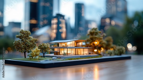 Detailed 3D architectural model rendering of a modern high rise cityscape with illuminated glass and steel skyscrapers urban streets