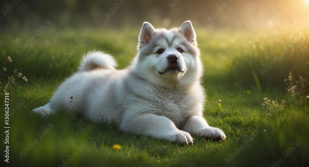 Fototapeta premium Adorable fluffy Malamute puppy resting on the grass.