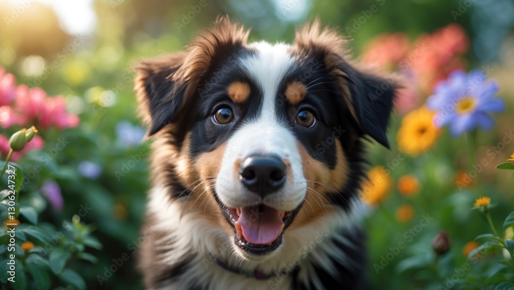 charming snapshot of a joyful, healthy border collie puppy amidst blooming flowers in the garden